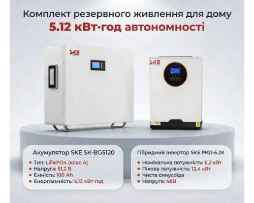 Комплект резервного живлення SKE PH21-6.2K 6200W + SKE SK-5120B LiFePO4 5 кВт·год, Wi-Fi