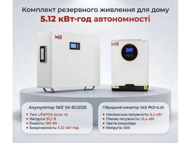 Комплект резервного питания SKE PH21-6.2K 6200W + SKE SK-5120B LiFePO4 5 кВт·ч, Wi-Fi