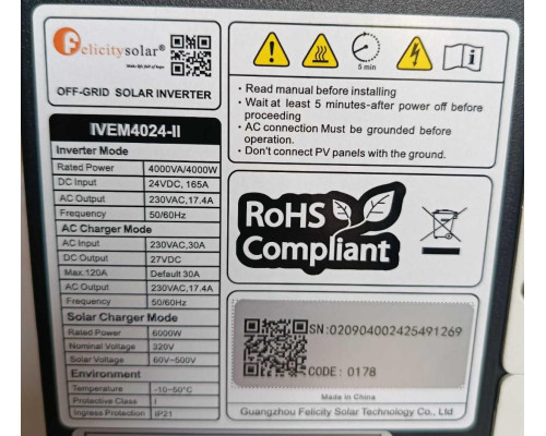 Гібридний інвертор Felicity Solar IVEM4024-II 4kW 24V MPPT WiFi