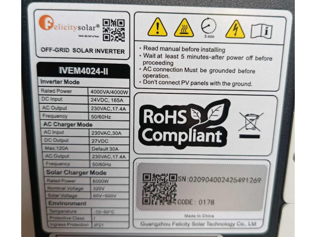Гібридний інвертор Felicity Solar IVEM4024-II 4kW 24V MPPT WiFi