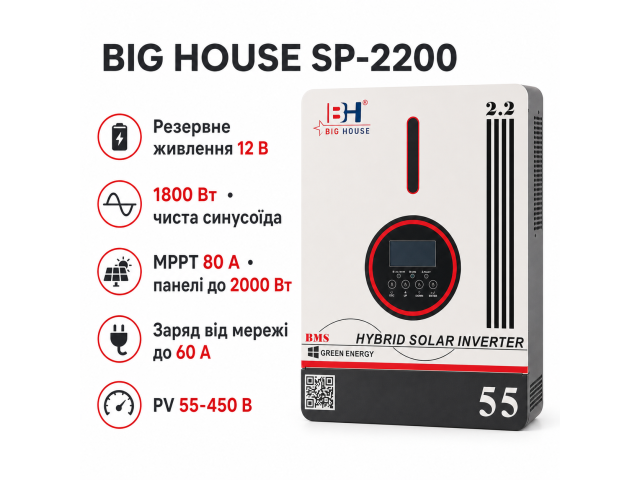 Гібридний інвертор BIG HOUSE SP-2200, 2200VA, 1800W, 12V, струм заряду 60A, MPPT (80А, 55-450 Vdc), 290х367х111