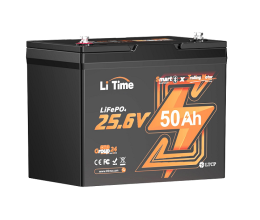 Акумулятор Li-TIME LiFePO4 25.6V 50Ач 1280Wh Bluetooth 5.0, 6000Cycles, BMS50A, ≤40mΩ, IP65, L206*B168*H211 mm, 9.6 kg