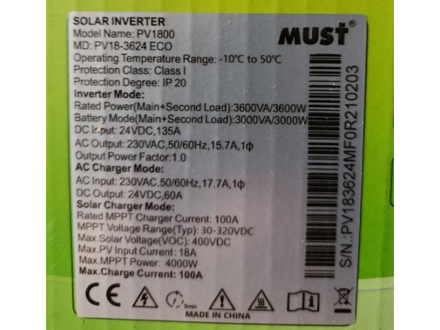 Комплект резервного живлення MUST 3.6 кВт + FelicityESS LiFePO4 акумулятор 24V 200Ah (5,12 кВт·год)