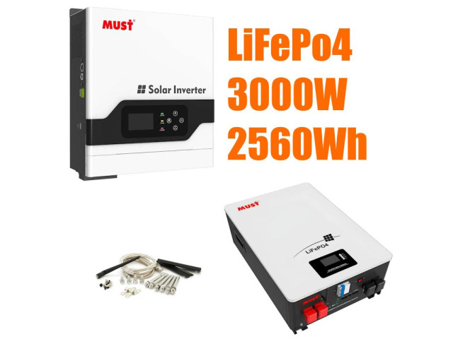 Комплект резервного живлення MUST 3.0 кВт + Смарт LiFePO4 акумулятор 24V 100Ah (2,56 кВт·год)